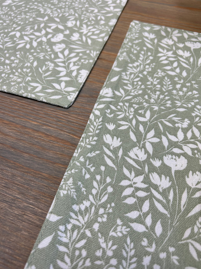 Set of 4 sage green floral cotton placemats and linen cotton napkins
