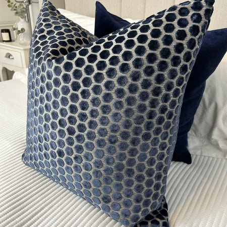 Navy Blue Jorvik Hexagon Velvet luxury Cushion Two Sizes