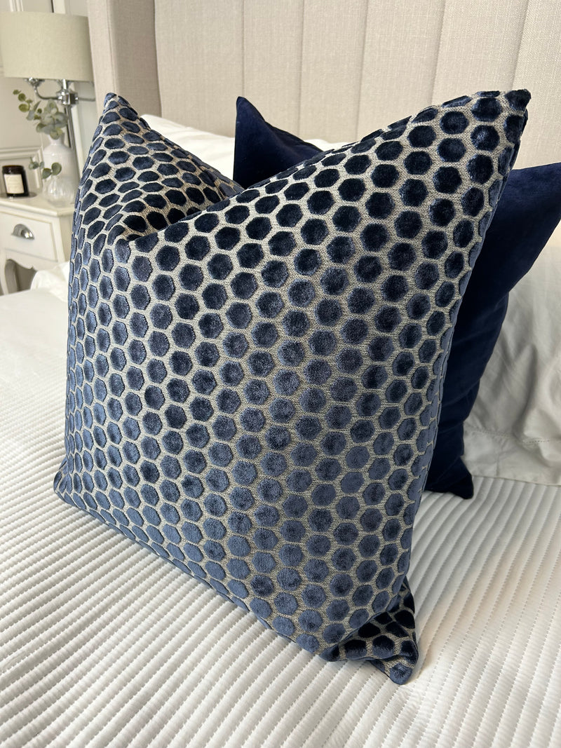 Navy Blue Jorvik Hexagon Velvet luxury Cushion Two Sizes