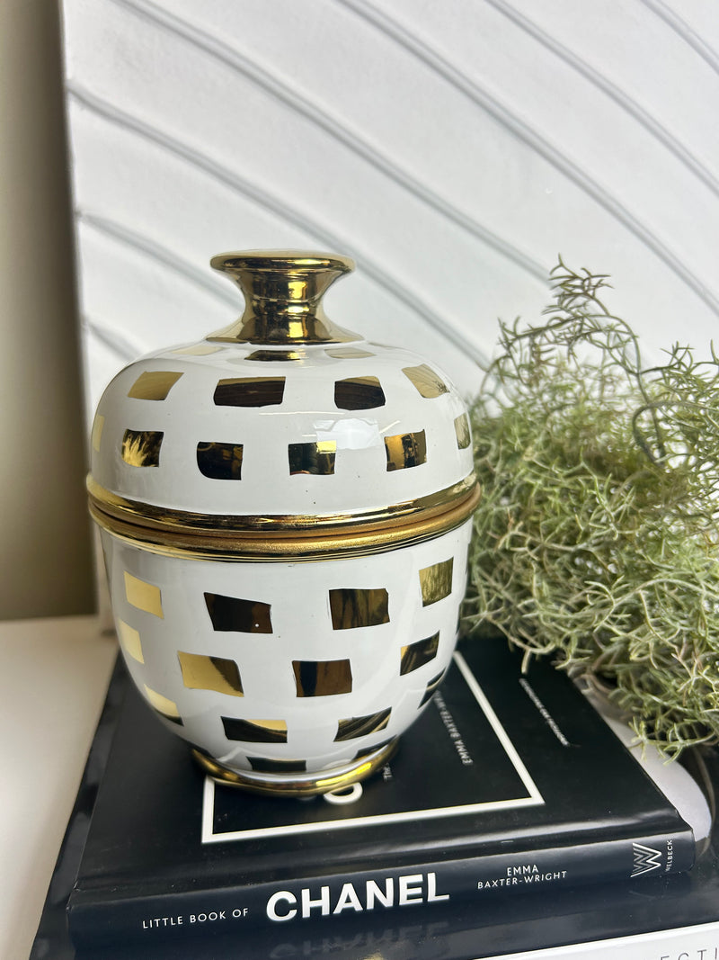 Gold white ceramic print lidded jar small