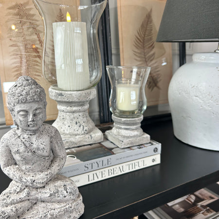 Aged rustic stone ceramic hurricane lantern two sizes