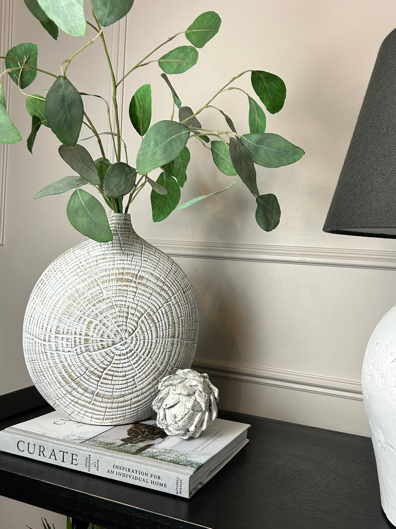 Brown and white textured wood look round vase