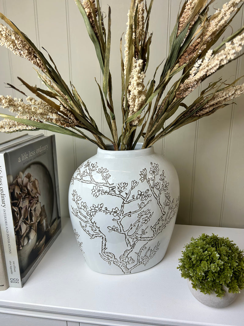 Ceramic white vase with blossom print brown