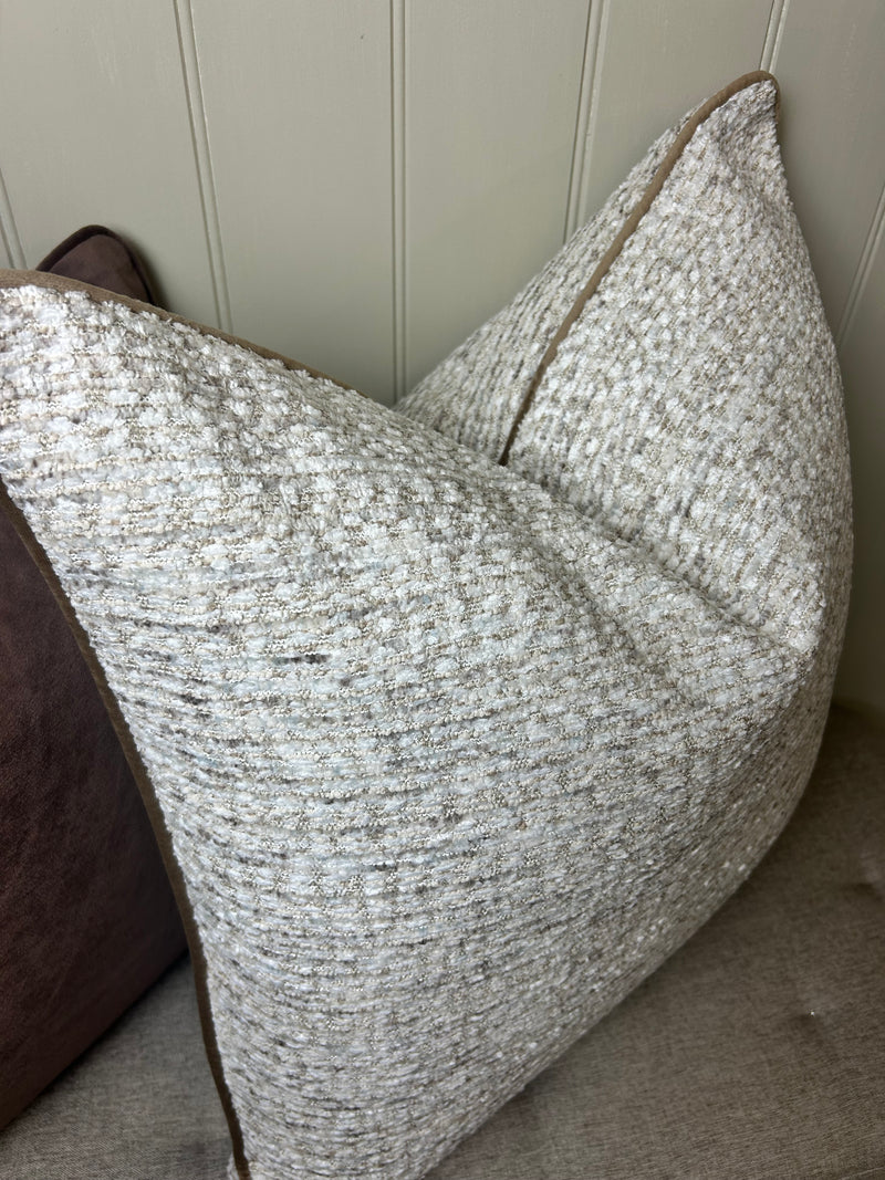 Textured slub large stab print neutral brown trim cushion 58cm