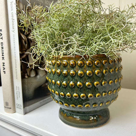 Reactive glaze ochre green and brown bobble plant pot planter