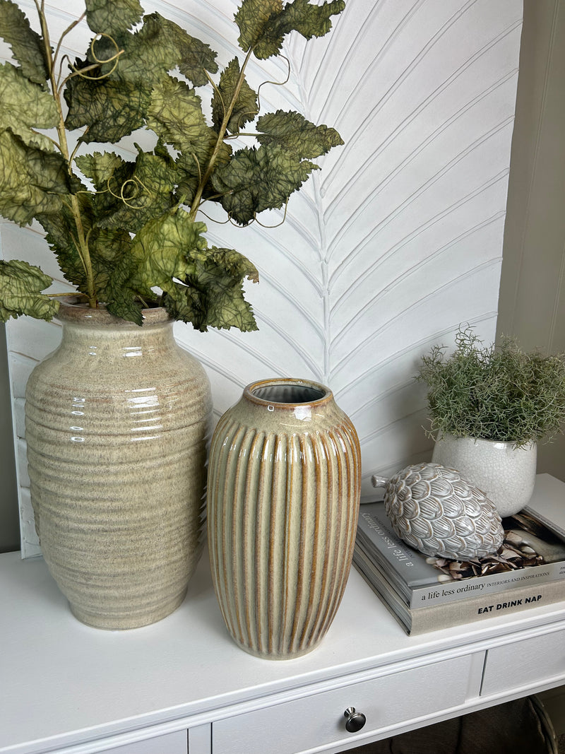 Large Tall fluted vase with ribbed bedside table texture detail brown beige 39cm by 22cm