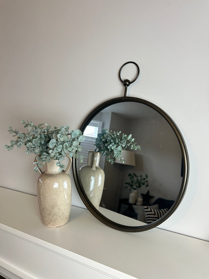 Large dark bronze round mirror with fob top
