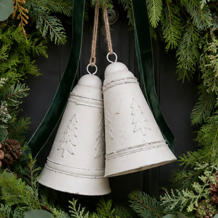 White metal hanging bell tree embossed 2 sizes