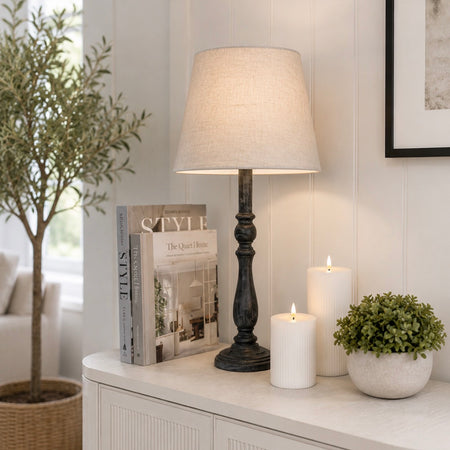 Black charcoal Ravenna Column Table Lamp With Linen Shade