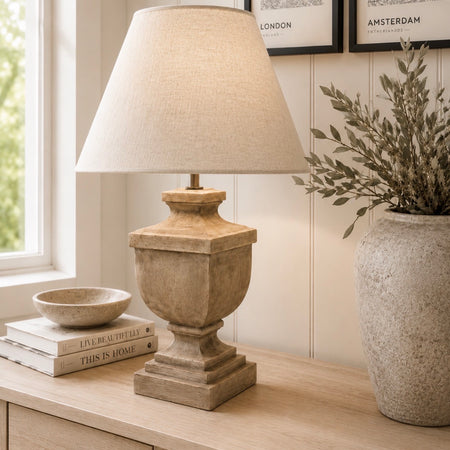 Chunky wood urn lamp with linen shade