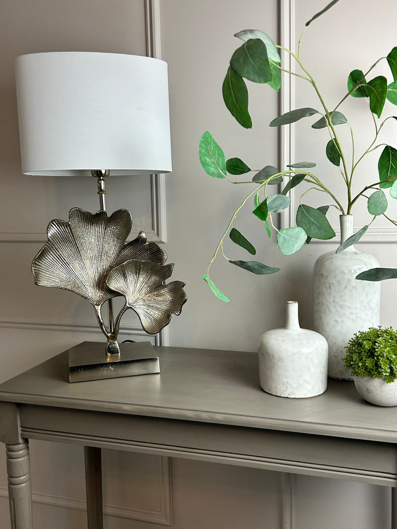 Gingko champagne leaf petal metal lamp with white oval shade