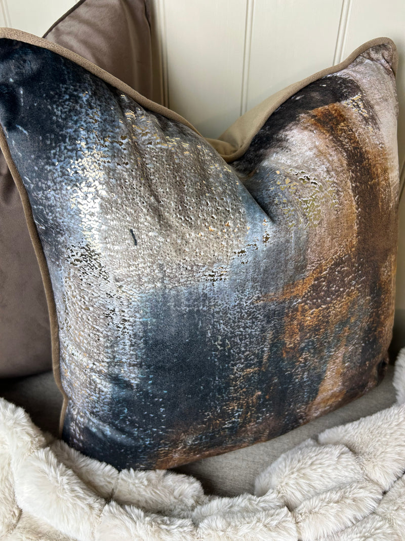 Paul Moneypenny Bronze brown navy Abstract Too Good Velvet Cushion 45cm