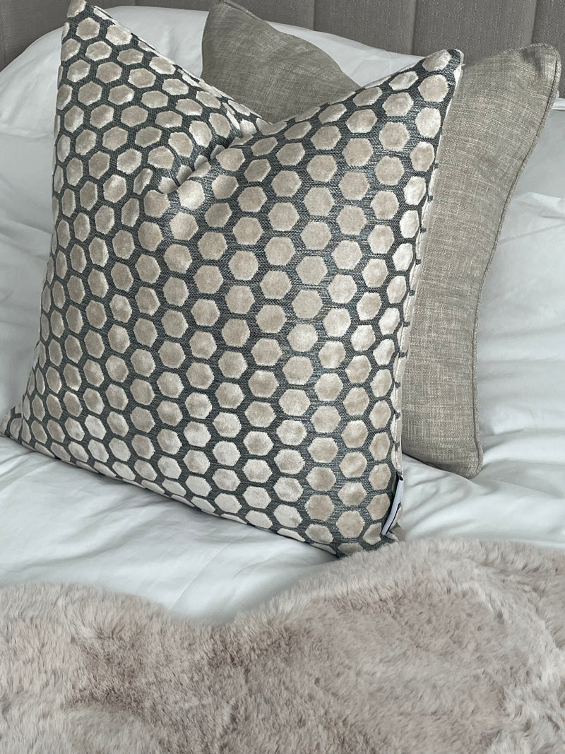 Cream and grey Jorvik hexagon cut velvet luxury cushion two sizes