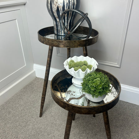Antique gold round side table glass embossed top leaf floral detail 2 sizes