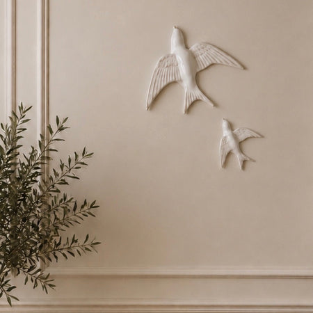 Set of two ceramic textured hanging birds