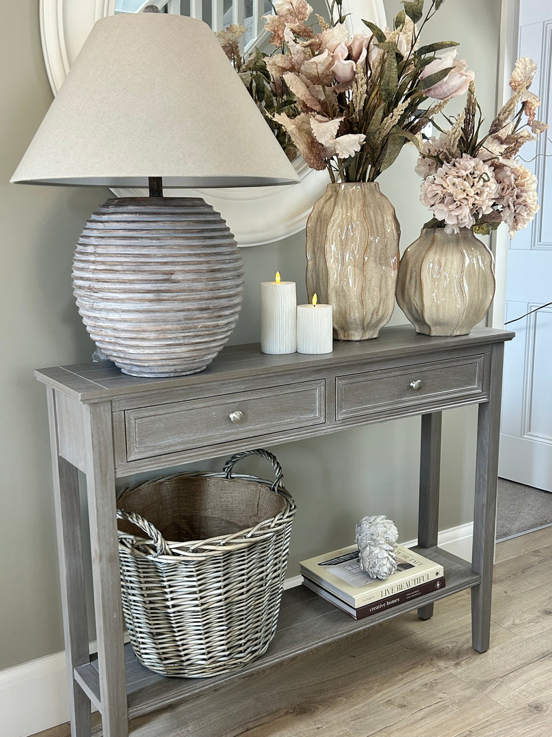 Washed wood 2 drawer console table with shelf
