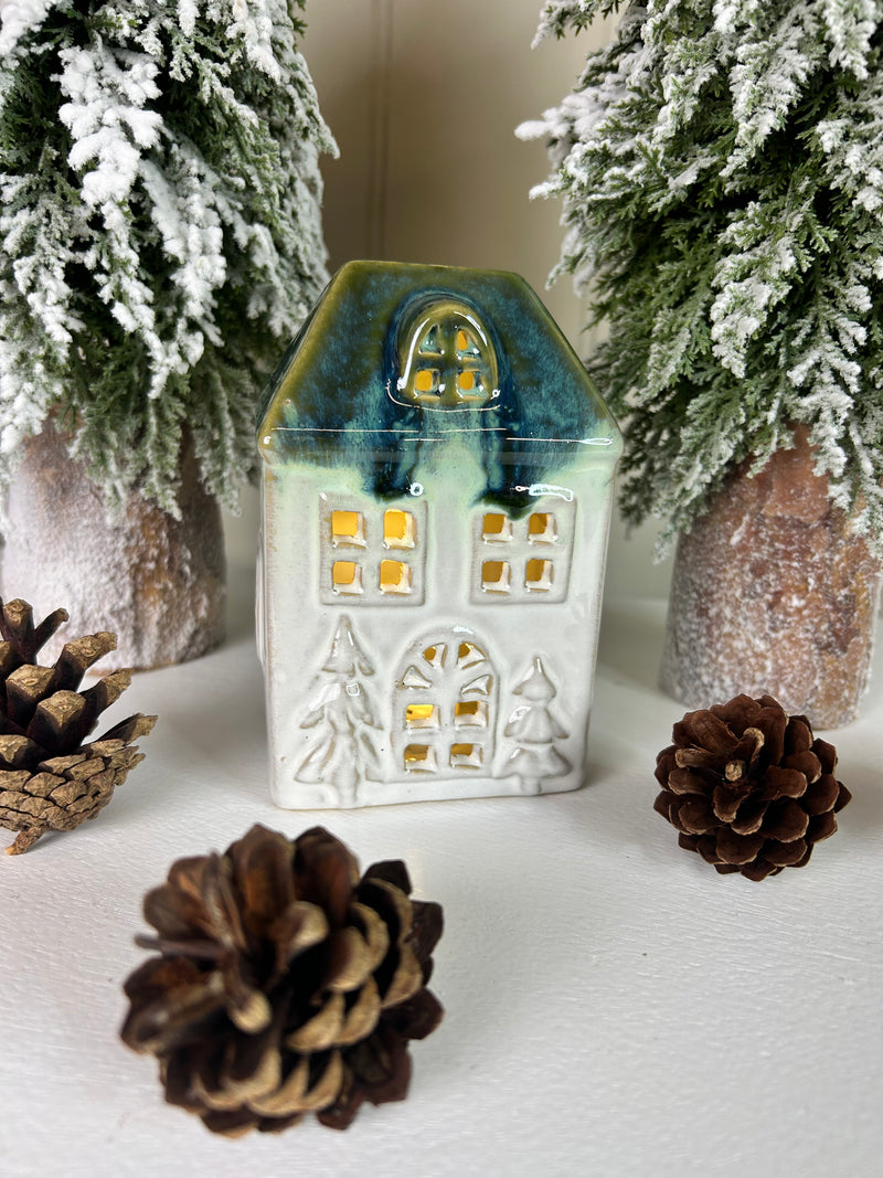 Blue and White reactive glaze LED Light up House 12cm