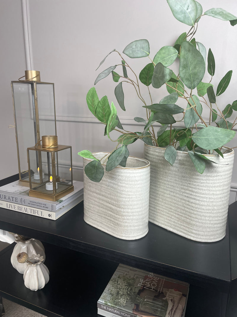 Oval ribbed slim neutral taupe vase