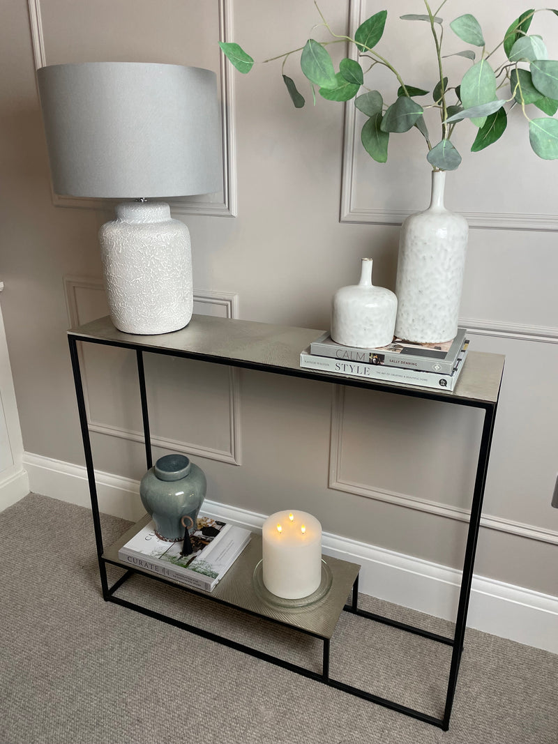 Black Metal Frame and Nickel Topped Shelved Console