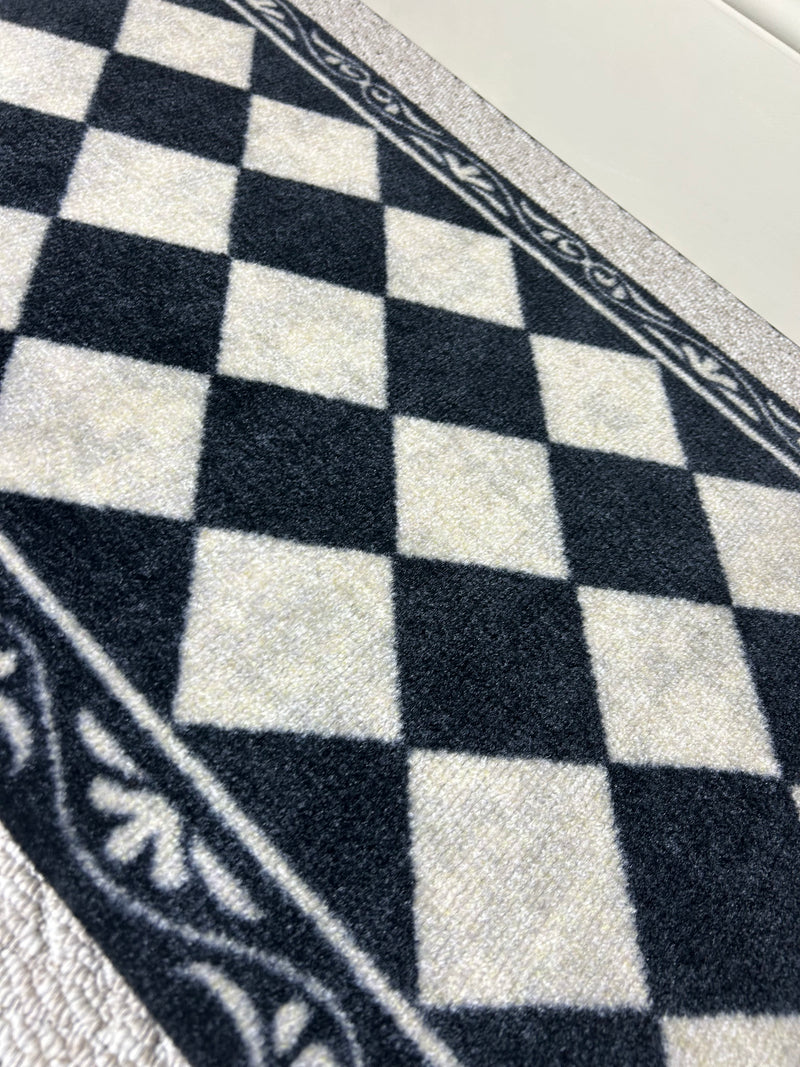 Back and cream traditional tile look mat door mat rug washable 2 sizes