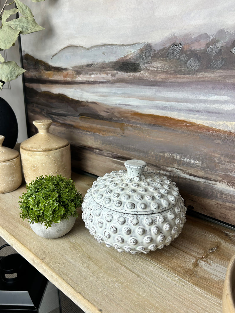 Bobble lidded rustic ceramic jar off white