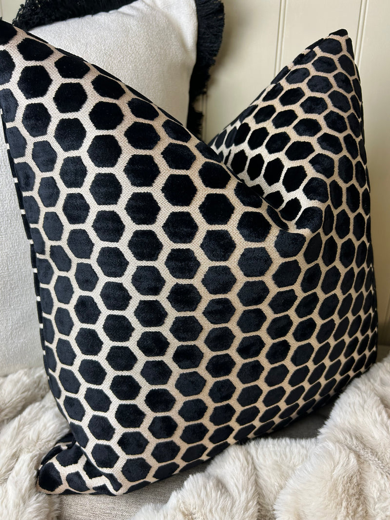Black Natural printed textured Jorvik hex luxury cushion 43cm