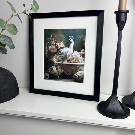 Bathroom joy peacock framed print 30x34cm