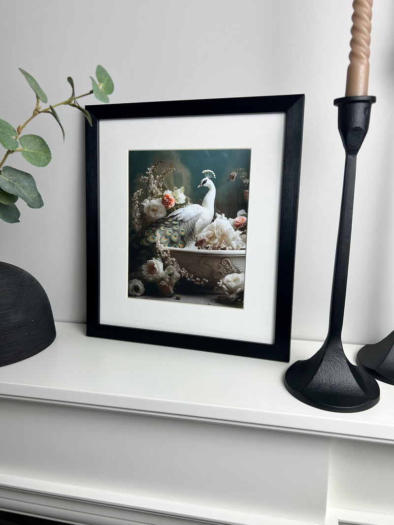Bathroom joy peacock framed print 30x34cm