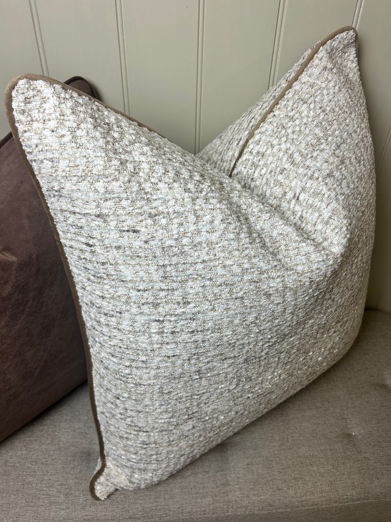 Textured slub large stab print neutral brown trim cushion 58cm