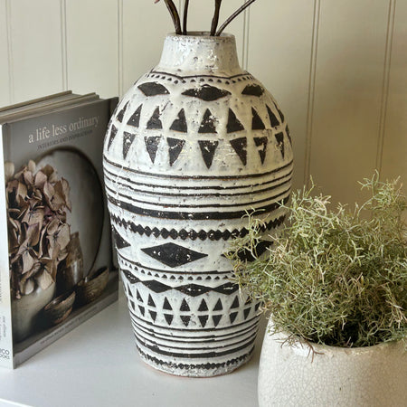 Rustic cream and brown tribal monochrome vase