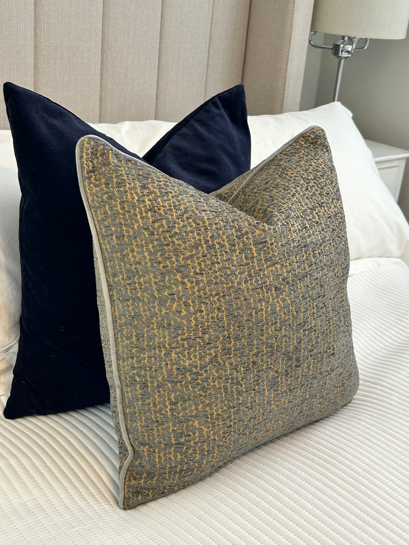 Cirro Grey ochre two tone Jacquard Weave piped Feather Filled Cushion 45x45cm