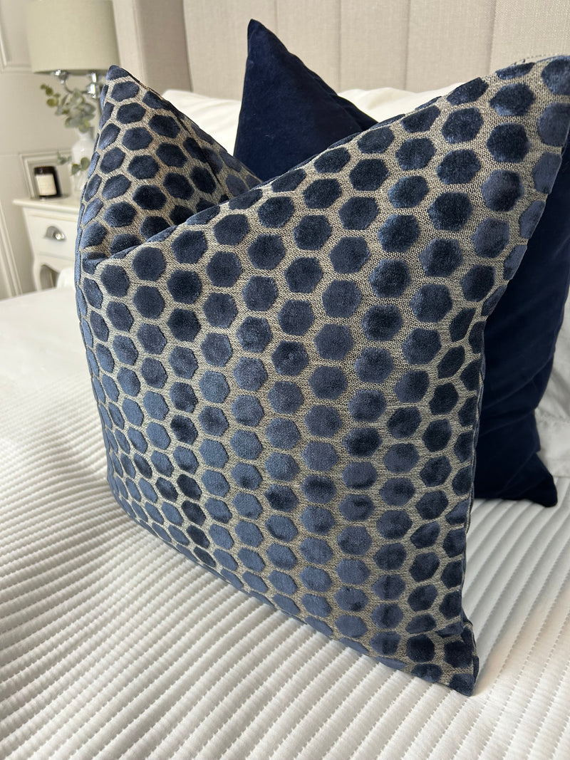 Navy Blue Jorvik Hexagon Velvet luxury Cushion Two Sizes