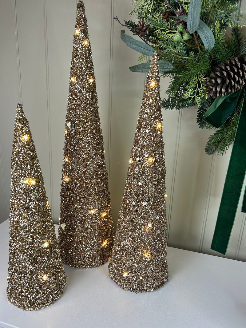 Set of 3 gold LED lit glitter trees