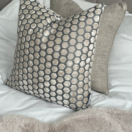 Cream and grey Jorvik hexagon cut velvet luxury cushion two sizes