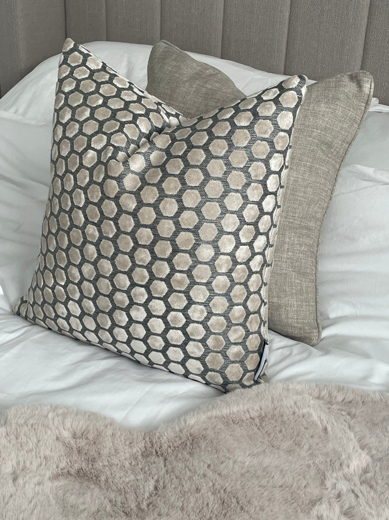 Cream and grey Jorvik hexagon cut velvet luxury cushion two sizes