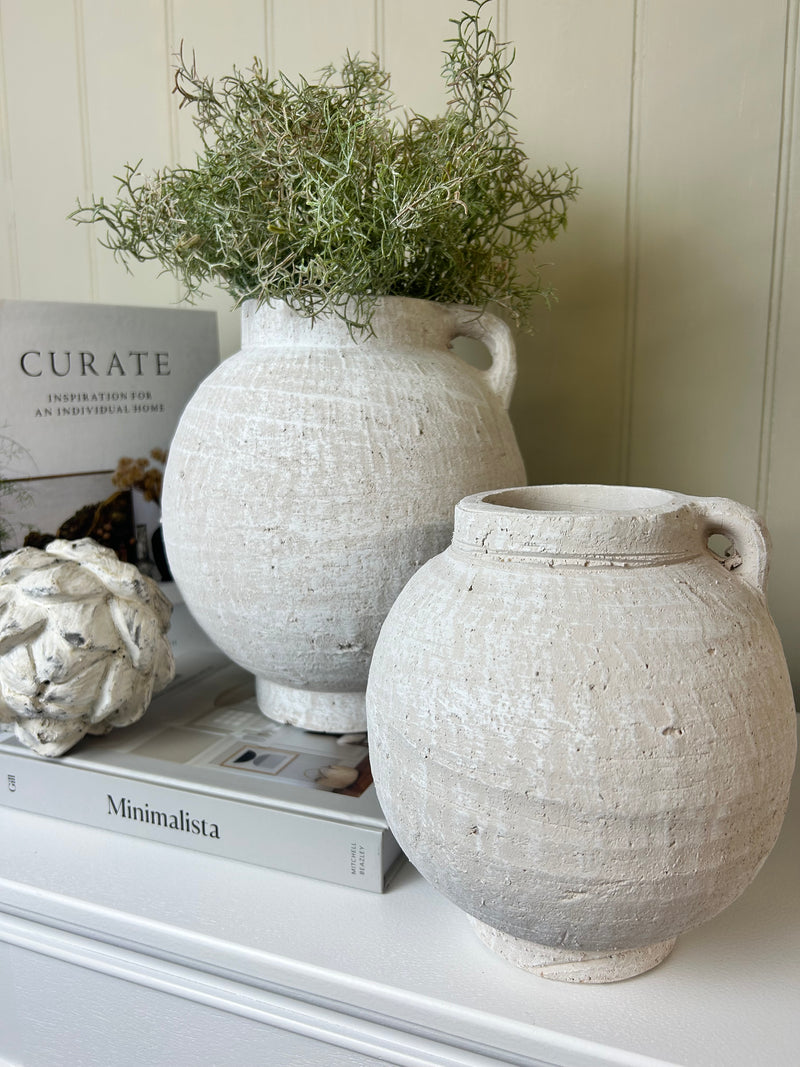 White rustic round vase with handle 2 sizes