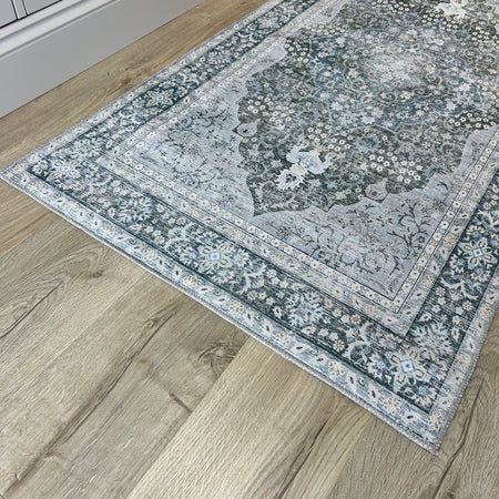 Oakham Traditional blue green Grey Washable Runner mat rug Available in 3 Sizes