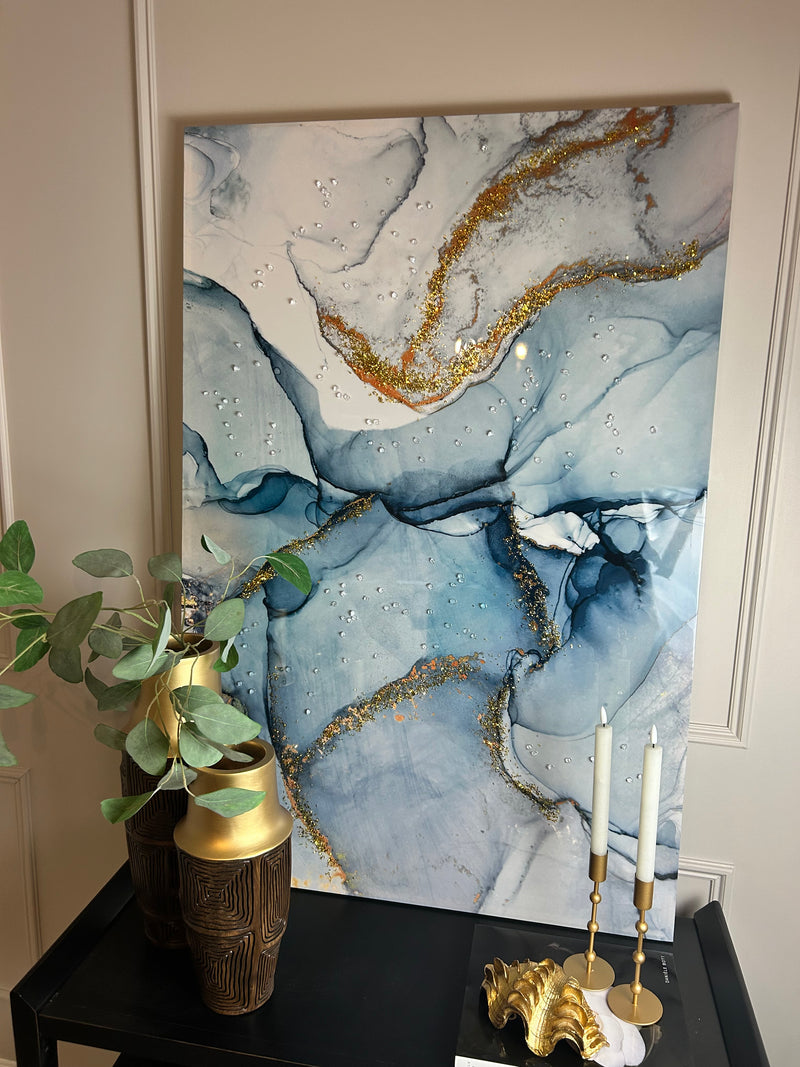 Blue gold abstract embellished canvas wall art picture 120x80