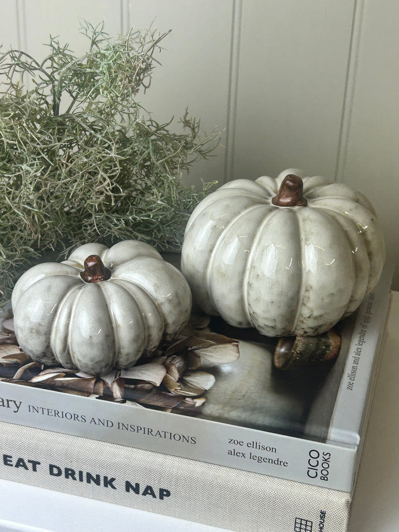 Rustic off white ceramic autumn Halloween pumpkins 2 sizes