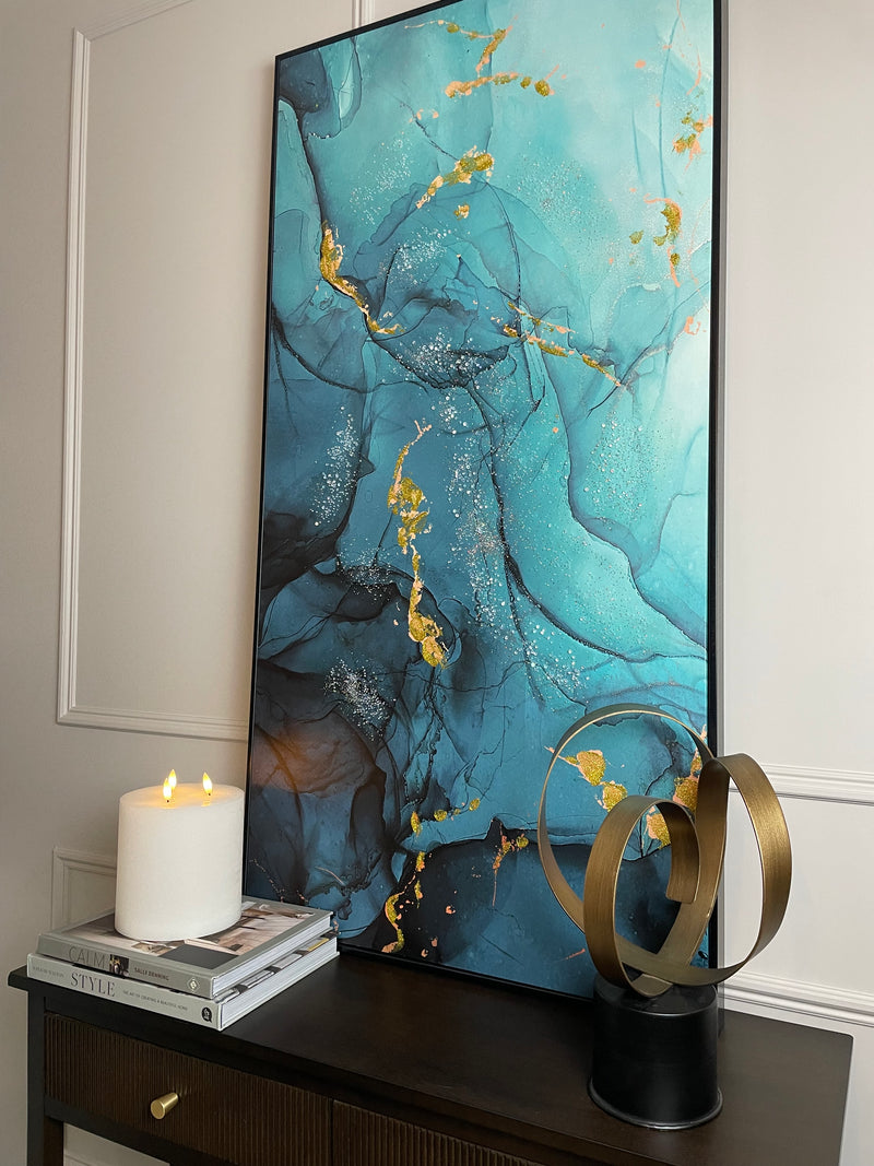 Framed Teal Blue and Gold Abstract Canvas 62cm x 122cm