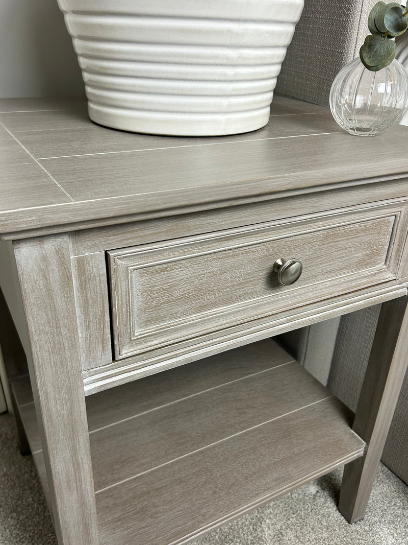Serene washed wood one drawer side table bedside