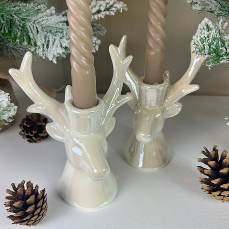 Pair of off White Porcelain Stags Head Dinner Candle Holders