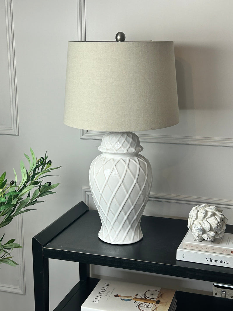 Ceramic base lattice grid lamp with linen shade