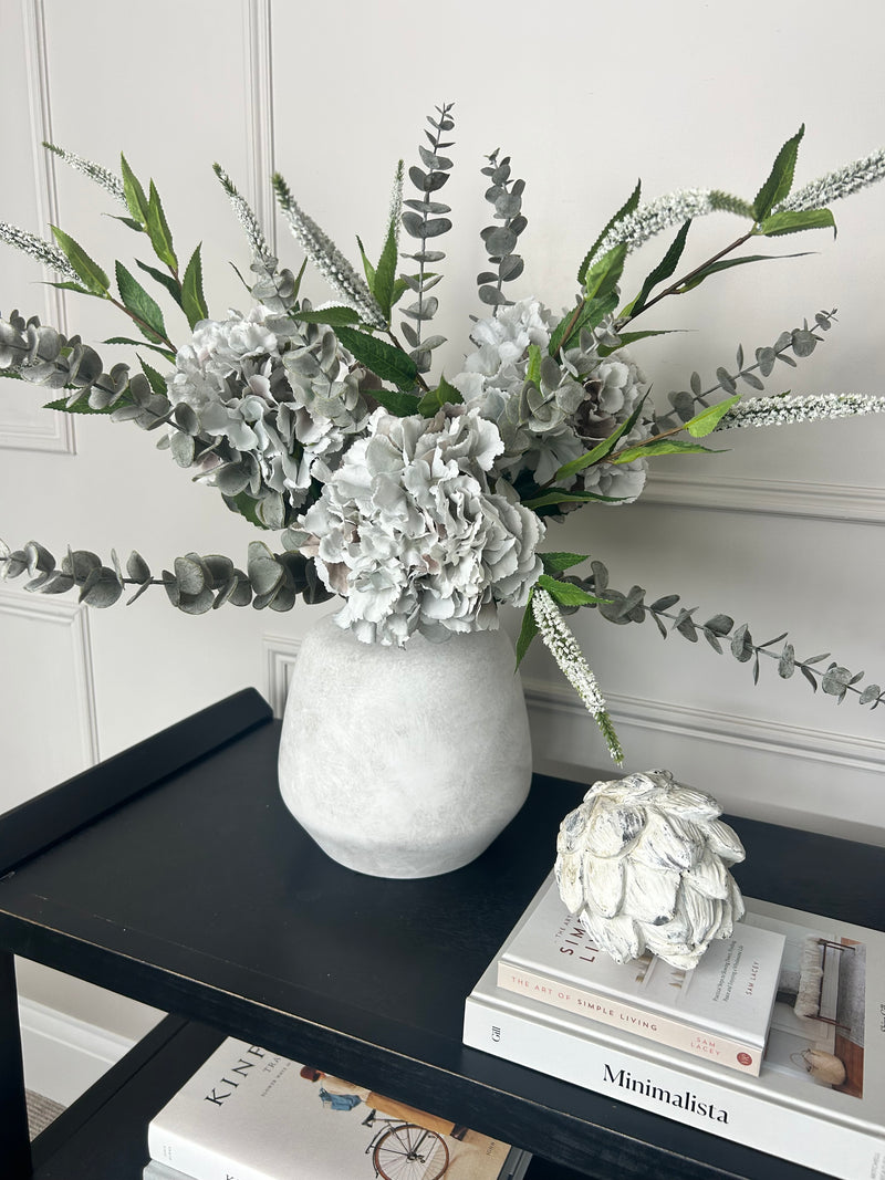 Bouquet arrangement grey/taupe hydrangeas white Veronica eucalyptus bunch.