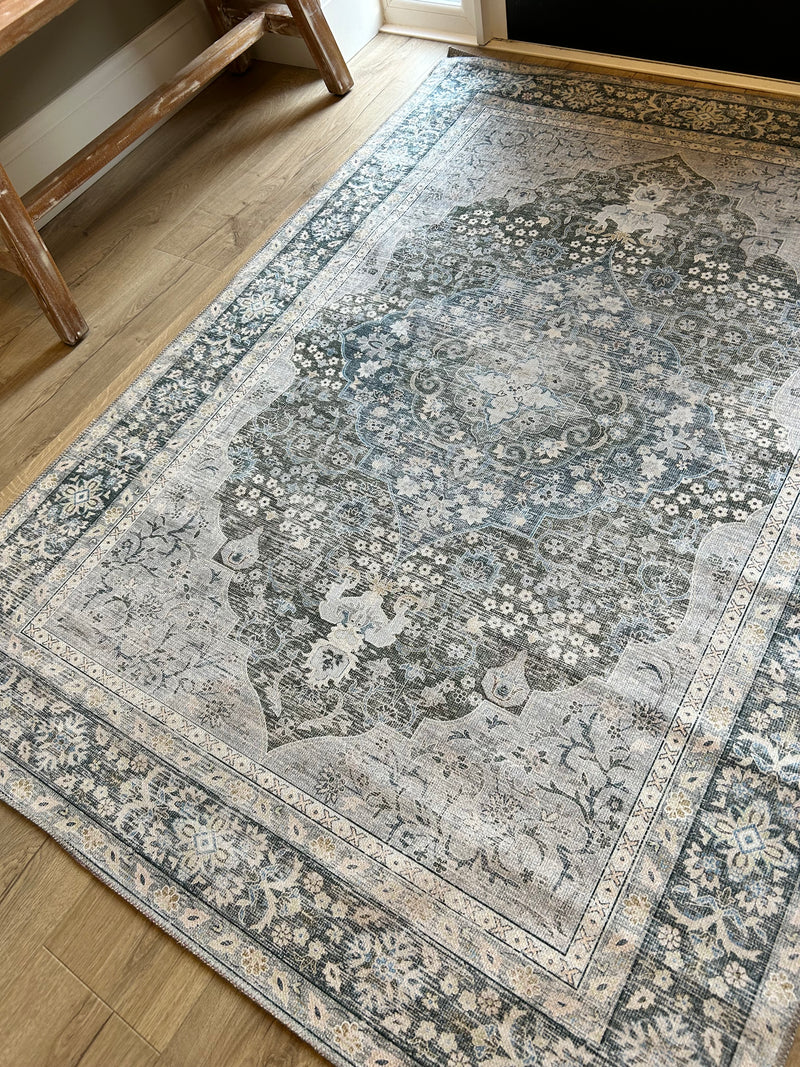 Oakham Traditional blue green Grey Washable Runner mat rug Available in 3 Sizes