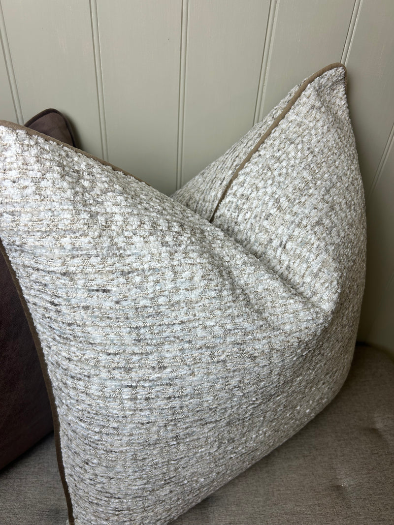 Textured slub large stab print neutral brown trim cushion 58cm