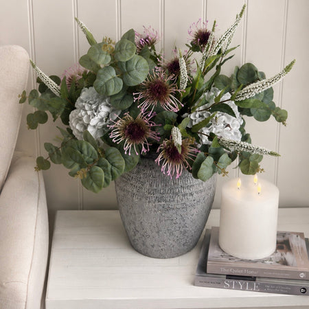 Eucalyptus grey taupe hydrangeas Veronica and protea arrangement bouquet