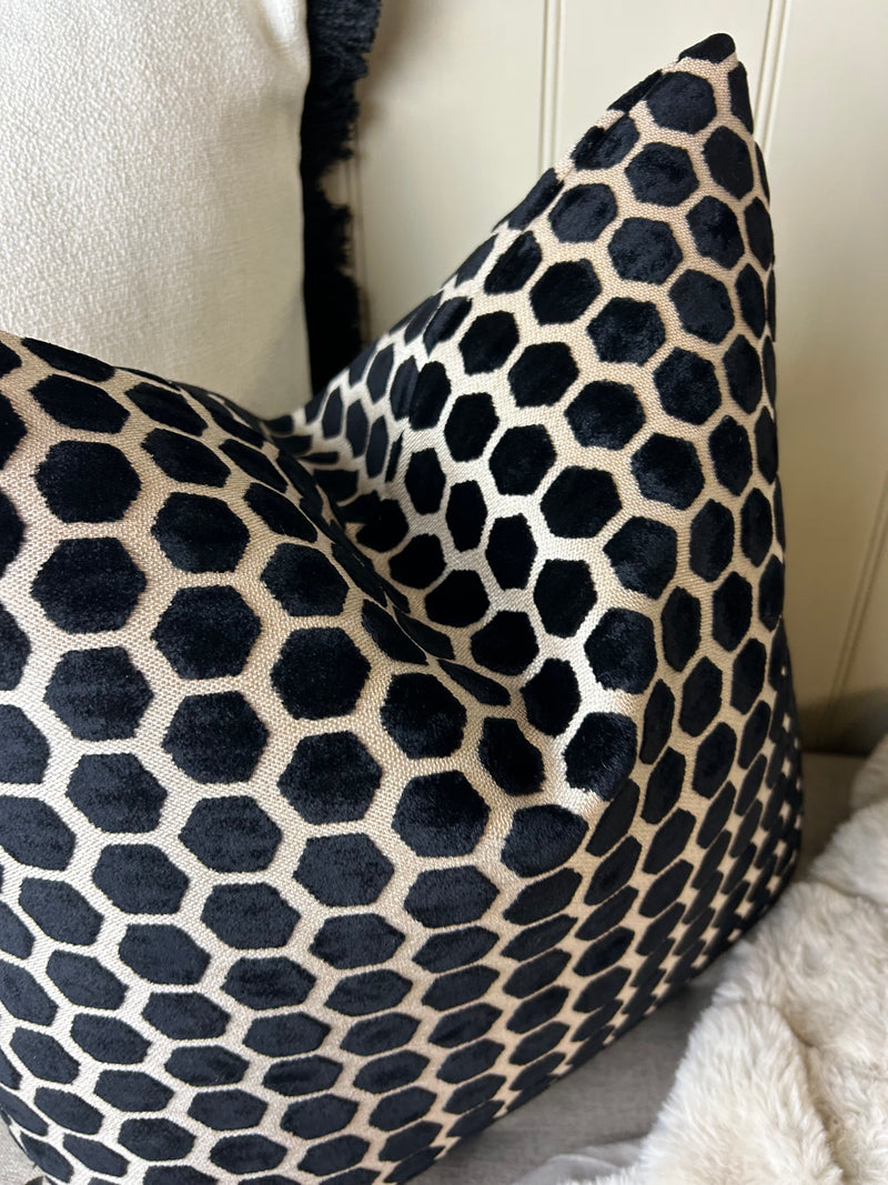 Black Natural printed textured Jorvik hex luxury cushion 43cm