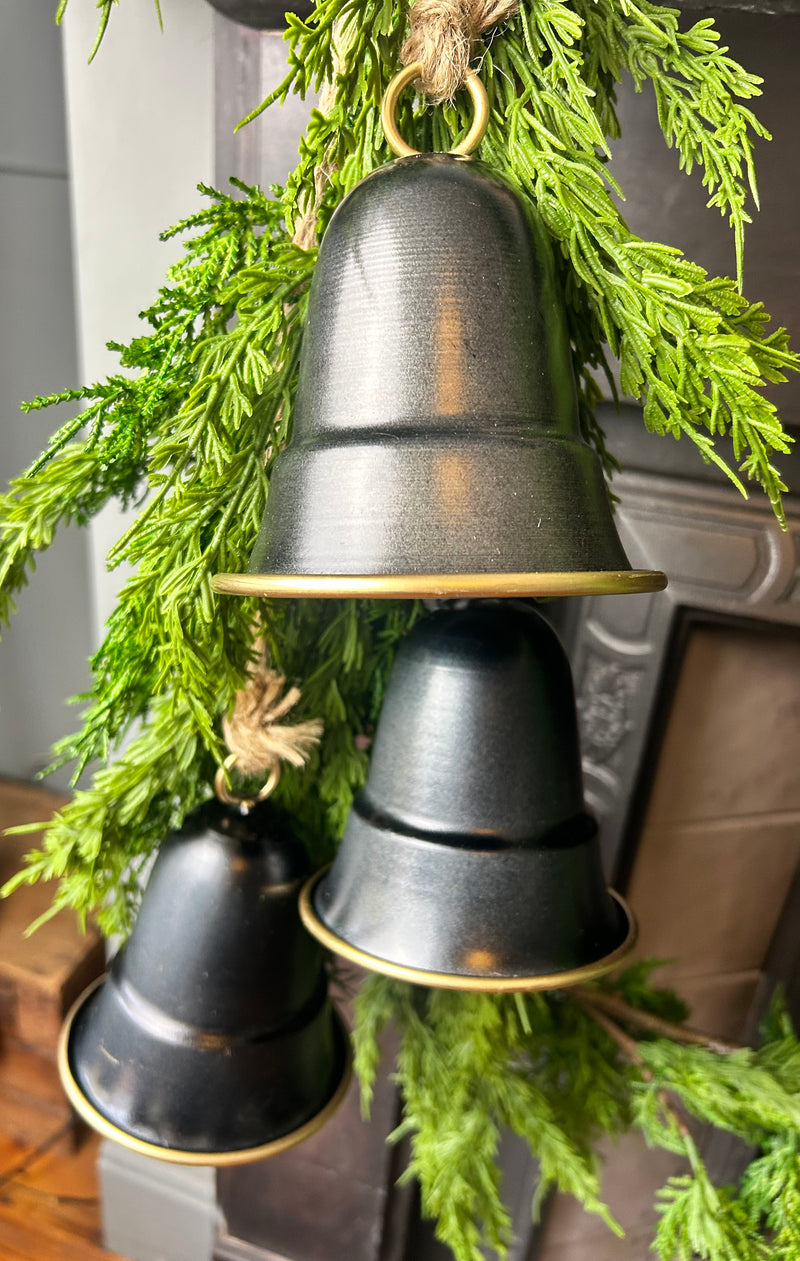 Set of 3 Hanging Pewter black gold Bells on Rope