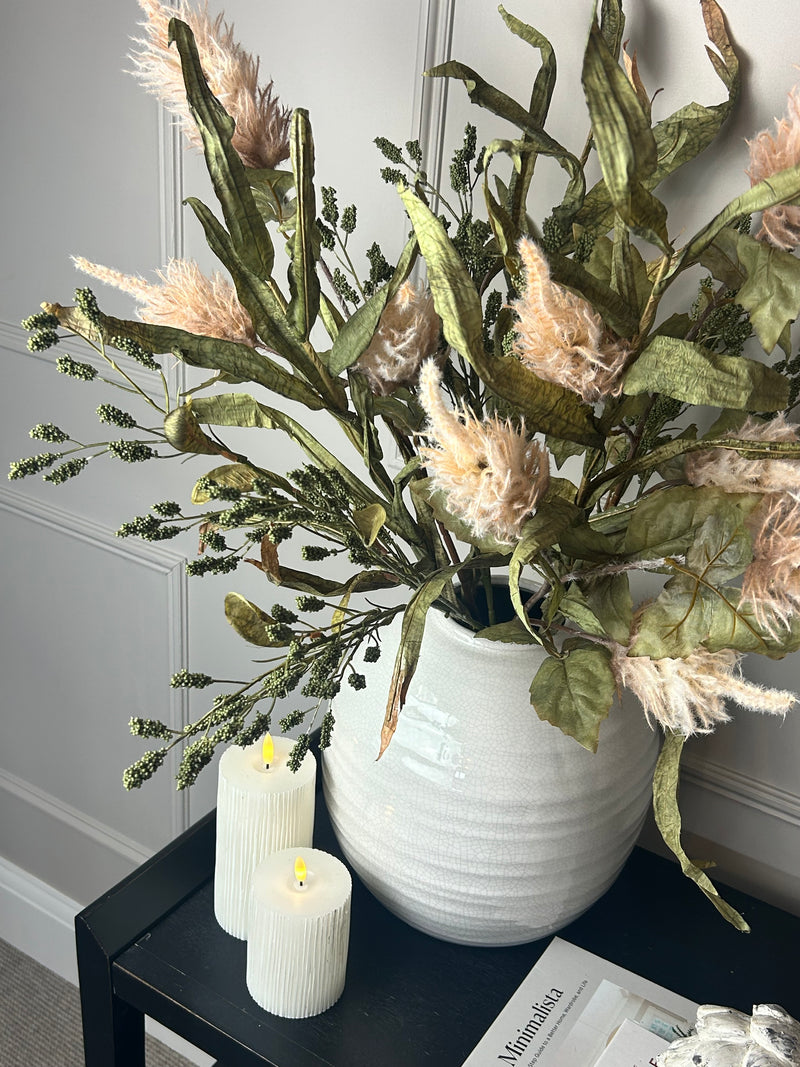 Green tall reed, green sorghum grass and mocha oyster alexis stem arrangement